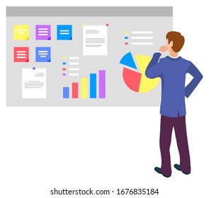Mann mit formellen Kleidung, die sich Diagramme auf der Vektorillustration des Whiteboards anschauen, männliche Figur mit Infografiken. Dateninformationen in visueller Form