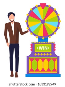 Man wearing formal clothes showing lucky combination vector, isolated character with game machine. Fortune wheel with colored segments gambling male