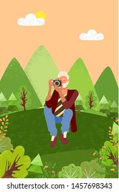 Man wearing formal clothes taking photo vector, character with camera on nature. Mountains and landscape meadow with bushes and flowers pics making