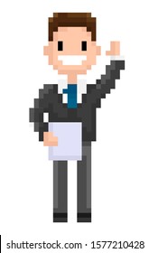 Man wearing formal clothes vector, pixel character isolated flat style man holding document and waving cheerfully, personage of 8 bit game, office worker