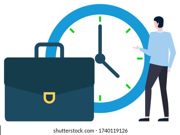 Man wearing formal clothes vector, isolated male businessman with clock and suitcase. Briefcase with documents and papers, timer with deadline flat style