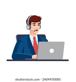 Hombre con traje formal con computadora, auriculares. Ilustración conceptual de apoyo, asistencia, centro de llamadas, banco. Operador del centro de llamadas, consultor, gerente. Ilustración vectorial en estilo plano