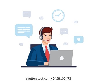 Man wearing formal suit with computer, headset. Concept illustration for support, assistance, call center, bank. Call center Operator, consultant, Manager. Vector illustration in flat style