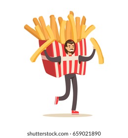 Man wearing french fries costume, fast food snack character vector Illustration