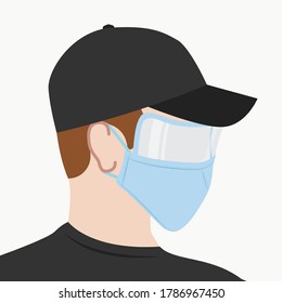 Man Wearing Full Protective Gear, Face Mask, Eye Protection, Eye Guard, Spit Guard, Plexiglass Vector Illustration Background