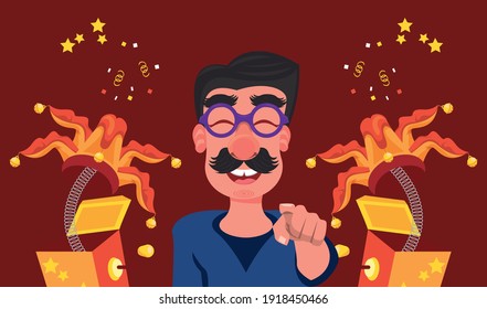 Man Wearing Funny Mask And Joker Hats In Surprise Boxes Vector Illustration Design