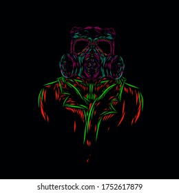 a man wearing gas mask line pop art potrait logo colorful design with dark background. Isolated black background for t-shirt, poster, clothing, merch, apparel, badge design