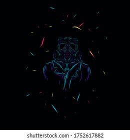 a man wearing gas mask line pop art potrait logo colorful design with dark background. Isolated black background for t-shirt, poster, clothing, merch, apparel, badge design