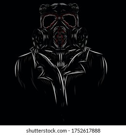 a man wearing gas mask line pop art potrait logo colorful design with dark background. Isolated black background for t-shirt, poster, clothing, merch, apparel, badge design