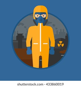 A man wearing gas mask and radiation protective suit. Man in radiation protective suit on a background of nuclear power plant. Vector flat design illustration in the circle isolated on background.