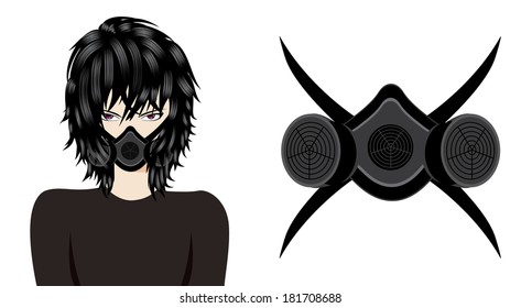 Man Wearing a gas mask, respirator. Anime style illustration on white background.