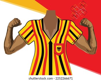 A man wearing Germany jersey and showing the power and braveness of the country by showing his muscles in his arms in beautiful background. vector illustration