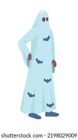 Man wearing ghost costume semi flat color vector character. Editable figure. Full body person on white. Halloween simple cartoon style illustration for web graphic design and animation