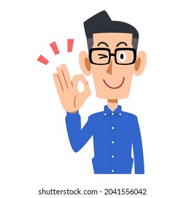 A man wearing glasses and a blue shirt making an OK mark by hand