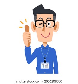 A man wearing glasses and a blue shirt, wearing an employee ID card, thumbs up and winking