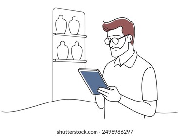 Man wearing glasses browsing a tablet in a store Hand drawn offset fill with doodle illustration