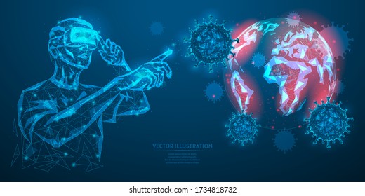 A man wearing glasses of digital virtual reality studies, analyzes the planet earth, infected with a coronavirus infection, COVID-19 virus. 3d low poly wireframe model isolated vector illustration.