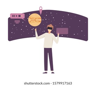 Man Wearing Glasses and Exploring Solar System Vector Illustration