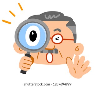 A ｍiddle-aged man wearing glasses and having beard of wealthy is  surprised by looking into the magnifying glass