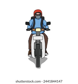 A man wearing glasses and a helmet rides a classic motorbike on the road. Mudik concept. A biker Riding motorcycle vector illustration