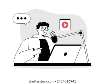 Un hombre con gafas está transmitiendo en vivo con los espectadores un micrófono y una computadora portátil. Diseño de personajes. Ilustración plana del vector