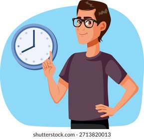 
Mann trägt eine Brille, die auf eine Uhr-Vektorgrafik zeigt. Ein glücklicher Lehrer organisiert ein Projekt mit Zeitmanagement-Tools