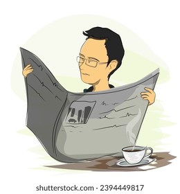 a man wearing glasses is reading a newspaper accompanied by a cup of coffee in the morning