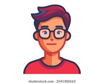 Man wearing glasses and a red shirt. He is looking at the camera. The image is of a cartoon character