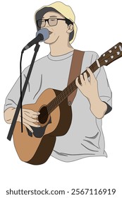 man wearing glasses singing while playing guitar