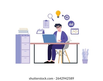Man wearing glasses sits at his desk typing on a blue laptop surrounded by floating business icons in a bright modern room, suitable for business or remote work concepts.