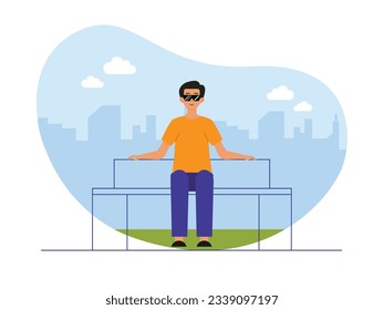 Un hombre con gafas sentado solo en un parque urbano mirando alrededor, disfrutando de un relajante fin de semana. Diseño de caracteres. Ilustración plana del vector