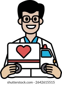 A man wearing glasses and a white lab coat holding a laptop with a heart on it. He is smiling and he is happy