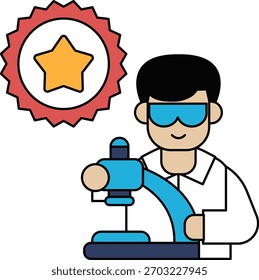 Um homem usando óculos está trabalhando em um microscópio. A imagem é preta e branca e tem uma estrela no centro