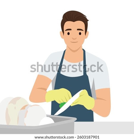 Man wearing gloves and an apron is shown happily washing dishes at a sink. Flat vector illustration