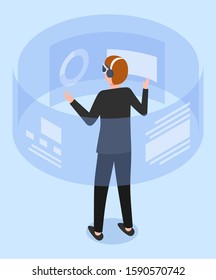 Man wearing goggle headset touching vr interface vector. Virtual reality world, future technology, social media documents. Guy augmented glasses and headphones, visual presentation and graphics