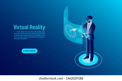 man wearing goggle vr with touching interface Into virtual reality world. Future technology. flat isometric vector illustration