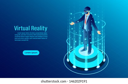 man wearing goggle vr with touching interface Into virtual reality world. Future technology. flat isometric vector illustration