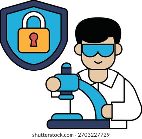 A man wearing goggles and a lab coat is working on a machine with a keypad. The machine is surrounded by a security barrier