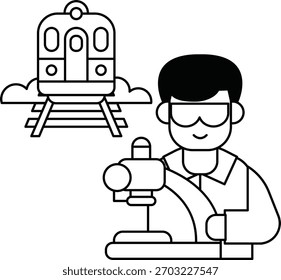 A man is wearing goggles and is operating a train. The train is on a track and is surrounded by clouds