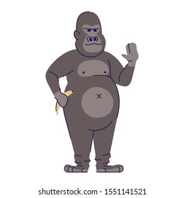 Man wearing gorilla costume flat vector illustration. Person dressing like animal. Guy in Halloween party primate outfit cartoon character with outline elements isolated on white background