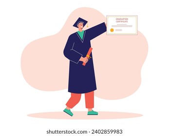 A man wearing a graduation cap, celebrating his college graduation and holding a certificate. Character Design. Vector flat illustration