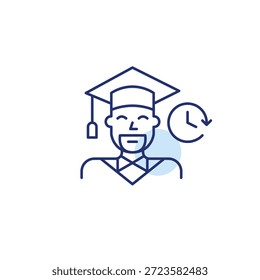 Homem usando chapéu e relógio de formatura. Ensino universitário, cursos superiores. Pixel perfeito, ícone de vetor de traçado editável