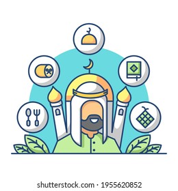 A man wearing green clothes surrounded by a ramadan icon with a mosque behind him vector illustration. Flat design with line. Muslim celebration. Greeting card.
