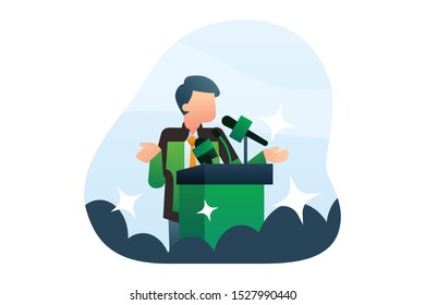 A Man Wearing Green Jacket Stands On A Podium Speaking To The Public In Conference. Surrounded By Reporters And Flashes Of Camera Shots. Illustration Vector Background.