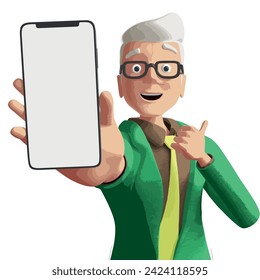 A man wearing a green jacket and white hair gives a thumbs up with one hand and holds a phone with the other. Mockup illustration vector cartoon illustration
