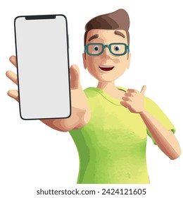 A man wearing a green shirts and orange hair gives a thumbs up with one hand and holds a phone with the other. Mockup illustration vector cartoon illustration
