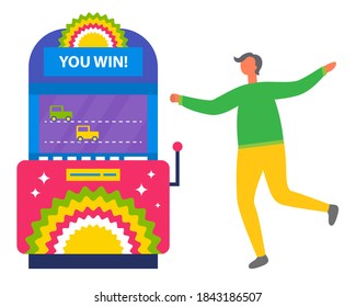 Man wearing green short and yellow pants playing slot machine. Excited man winning money in casino, game of chance. Gambling vector, jackpot symbol