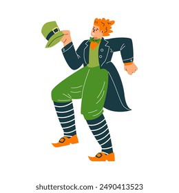 Un hombre con un sombrero tradicional irlandés verde y traje de baile. Fiesta del duende Irlanda, símbolo del día de San Patricio. Ilustración plana de Vector aislada en blanco