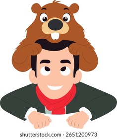 Man Wearing Groundhog Hat Cartoon peeking, happy Groundhog Day Predictor