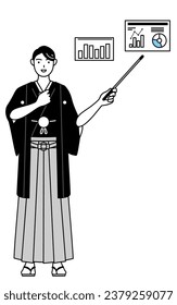 Man wearing Hakama with crest analyzing a performance graph, Vector Illustration